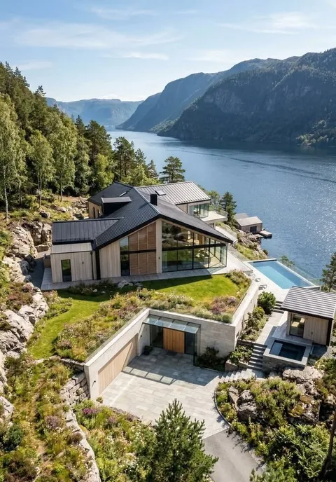Completed house above a fjord with corner glazing and sliding doors to the terrace